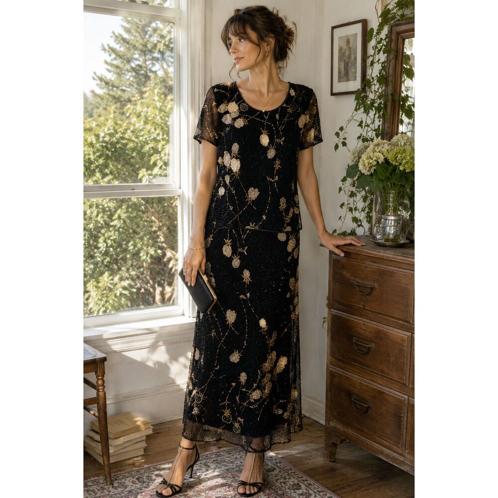 Vintage Black Beaded Evening Dress Gold Floral Overlay Size 14 Glam Formal